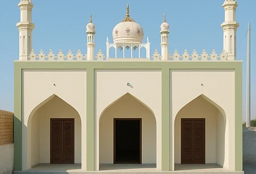 A small, newly constructed mosque with three arched entrances and white domes, supported by Giving Hands.