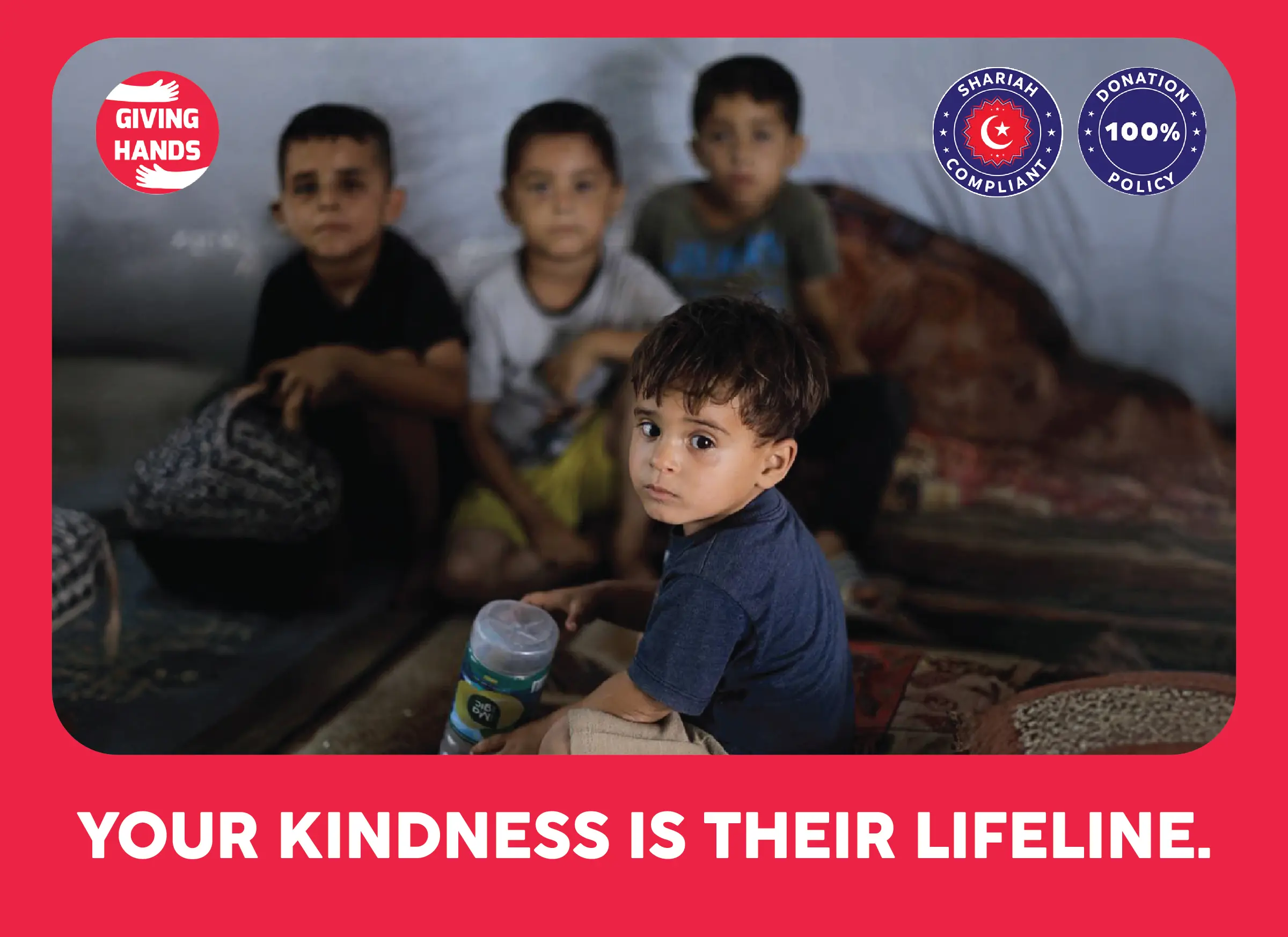 Children sitting together indoors with charity logos and the message "Your kindness is their lifeline."